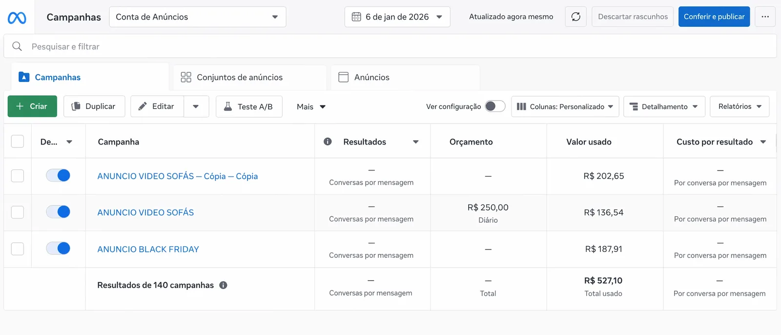 Comprovante de investimento no Meta Ads